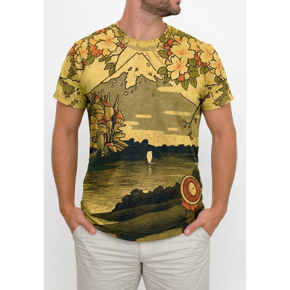 Hoodie Lab Japanese Style Graphic Tee T-shirt Men M Yellow Lake Landscape Castle